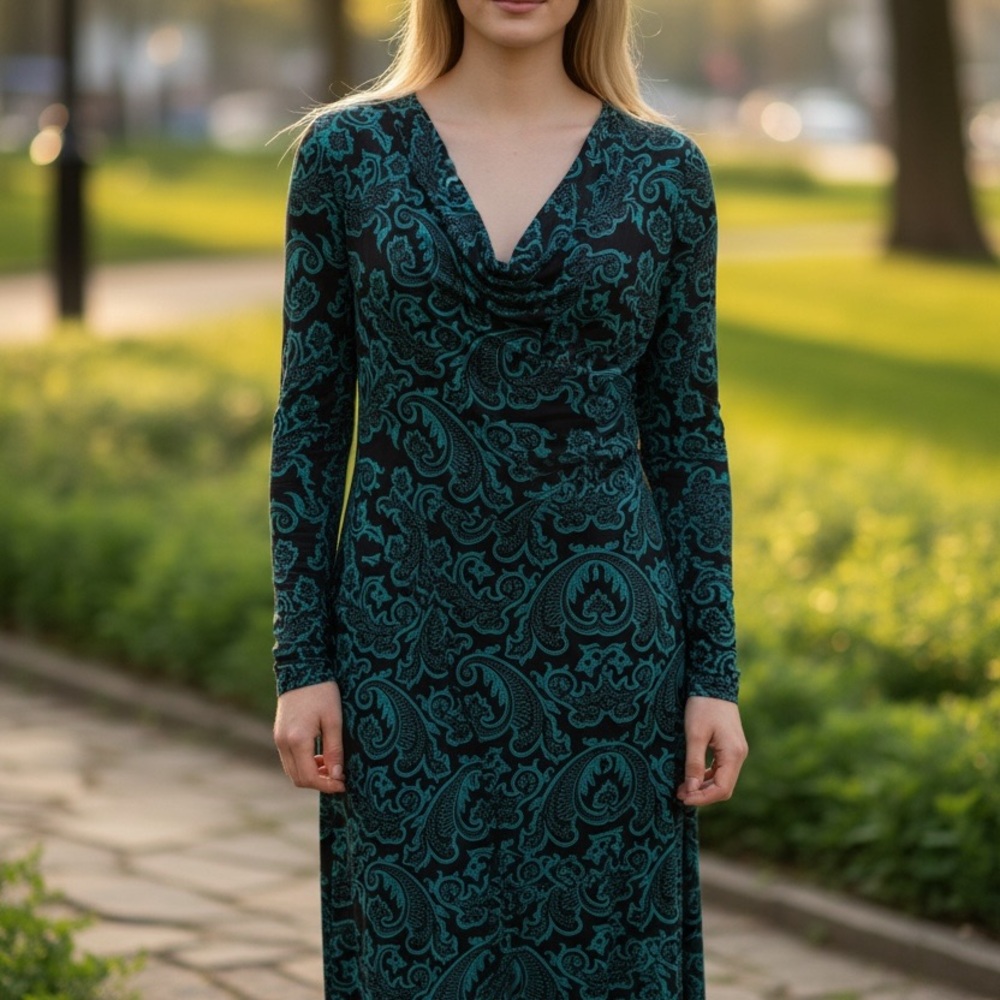 Liz Claiborne Teal and Black Paisley Long Sleeve Dress